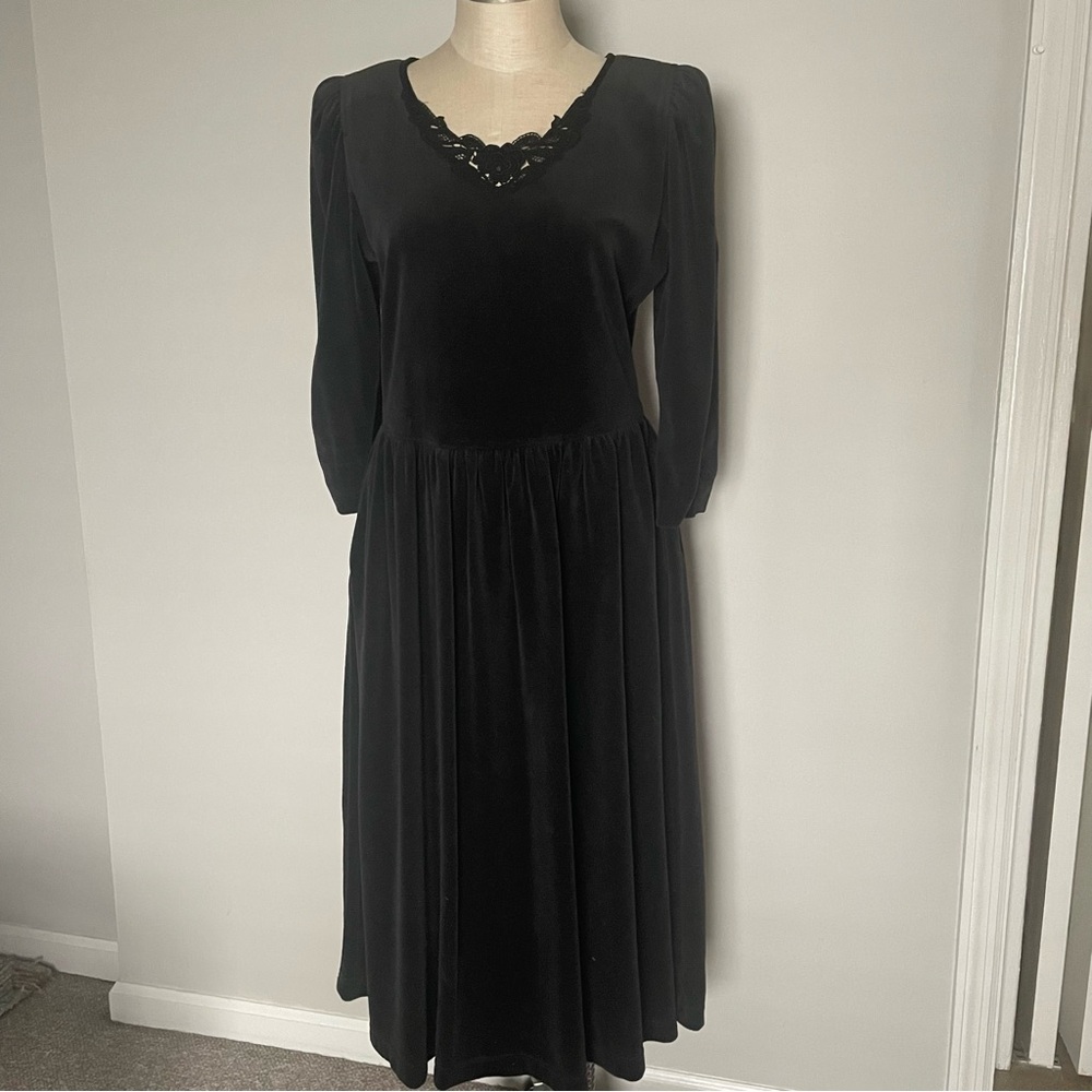 Vintage Lanz Originals charcoal grey velvet 3/4 sleeve dress size 10
